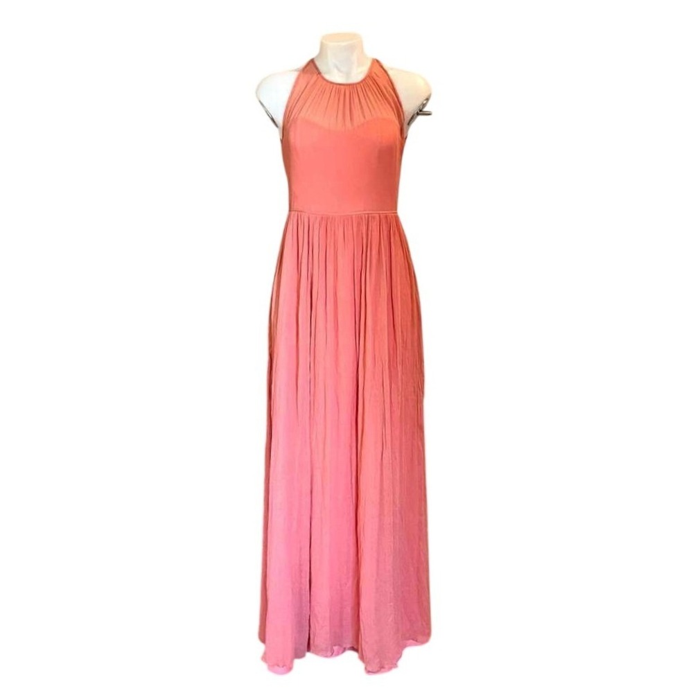 J.Crew Coral Peach Pink Silk Halter Keyhole Pleated Formal Gown Maxi Dress Sz 4